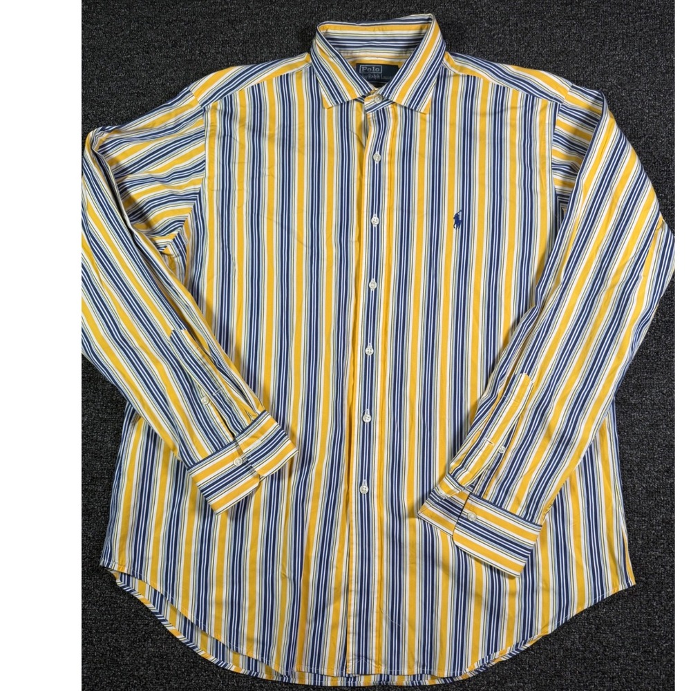 Polo Ralph Lauren Stanton Classic Fit Shirt Mens XL Yellow Blue Striped Long Slv
